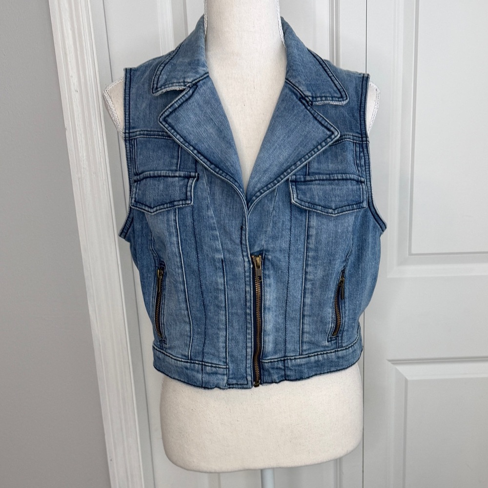Candie’s Vintage Y2K Cropped Denim Vest Juniors XL Medium Wash Zippers Lace Moto